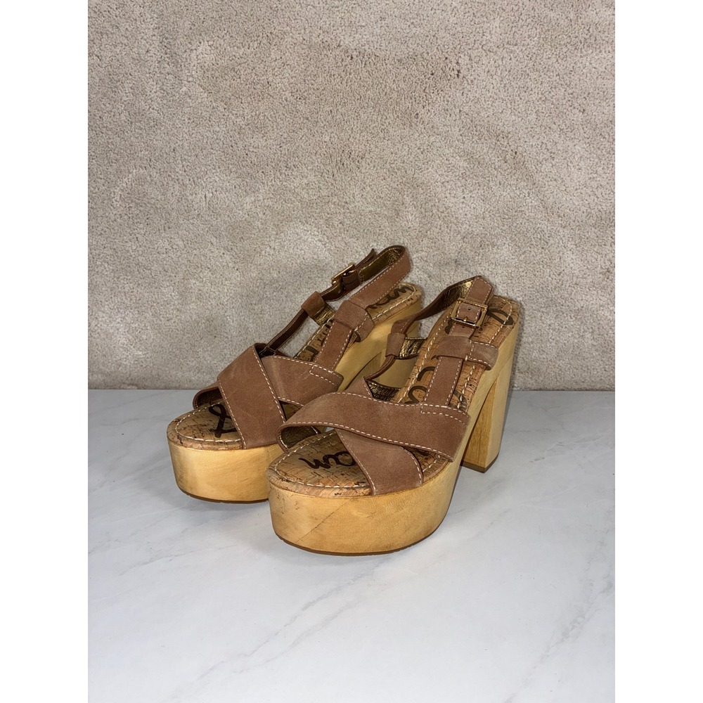 Sam Edelman Tan Platform Sandals - 9M - Mae Suede Wood Block Heel Retro Summer